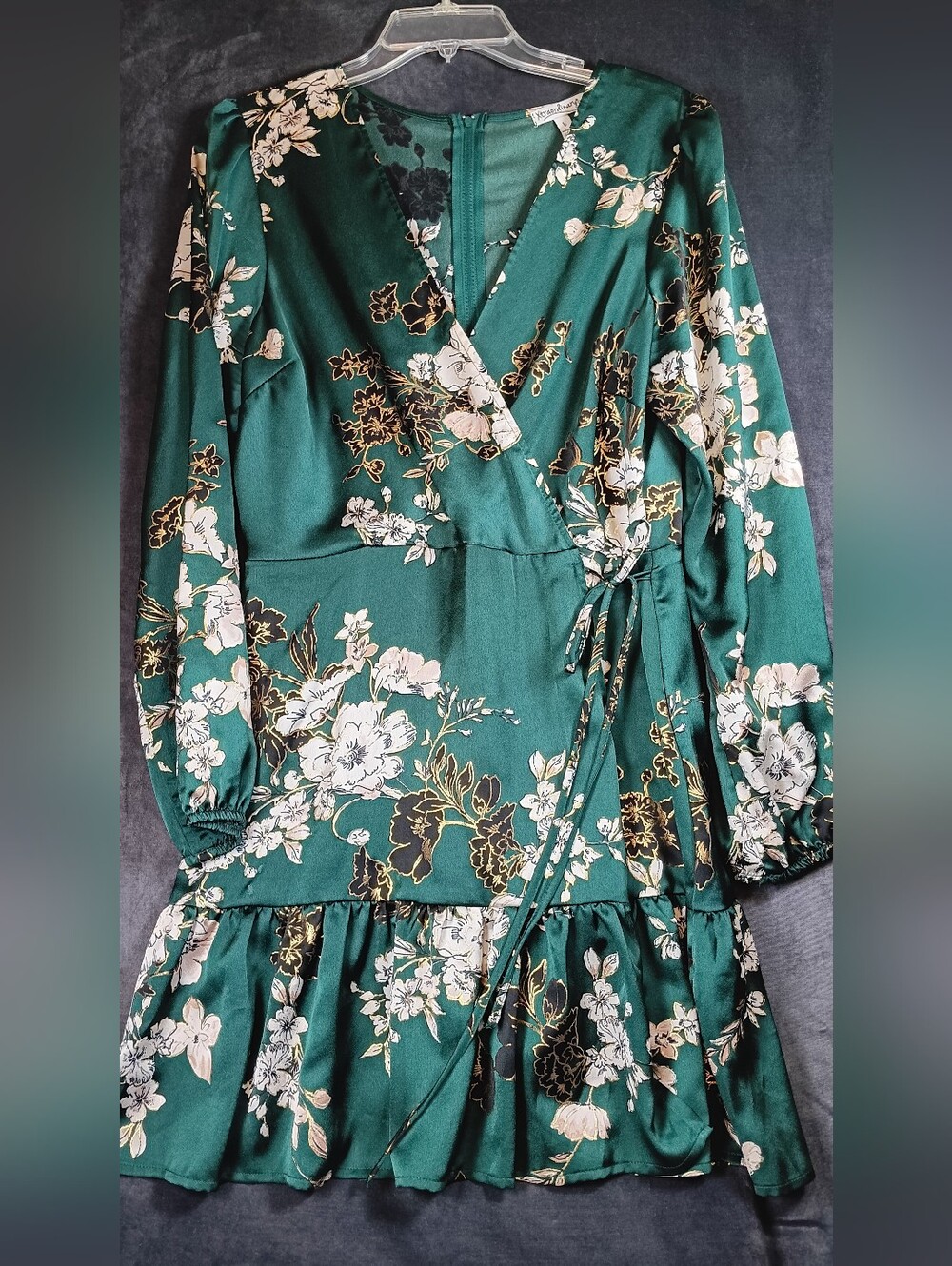 Xtraordinary Emerald Green And Gold Floral Wrap Dress with Cream Blooms
